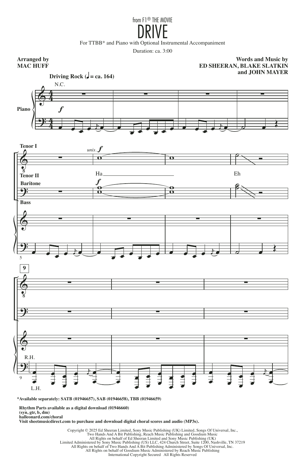 Ed Sheeran Drive (from F1 The Movie) (arr. Mac Huff) Sheet Music Notes & Chords for SAB Choir - Download or Print PDF