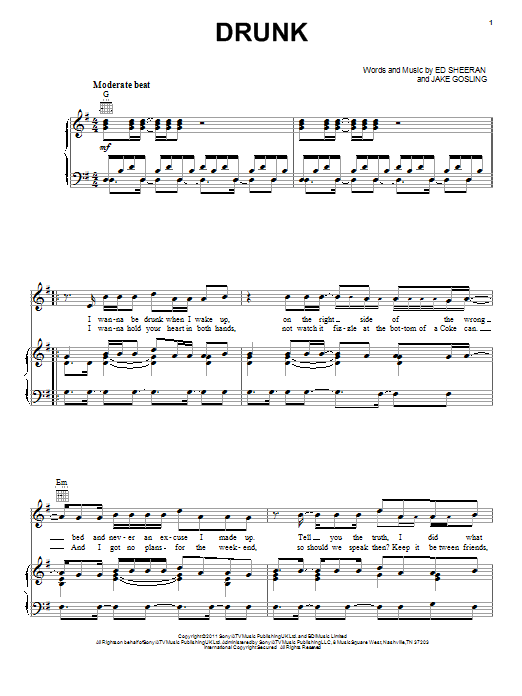 Ed Sheeran Drunk Sheet Music Notes & Chords for Lyrics & Chords - Download or Print PDF
