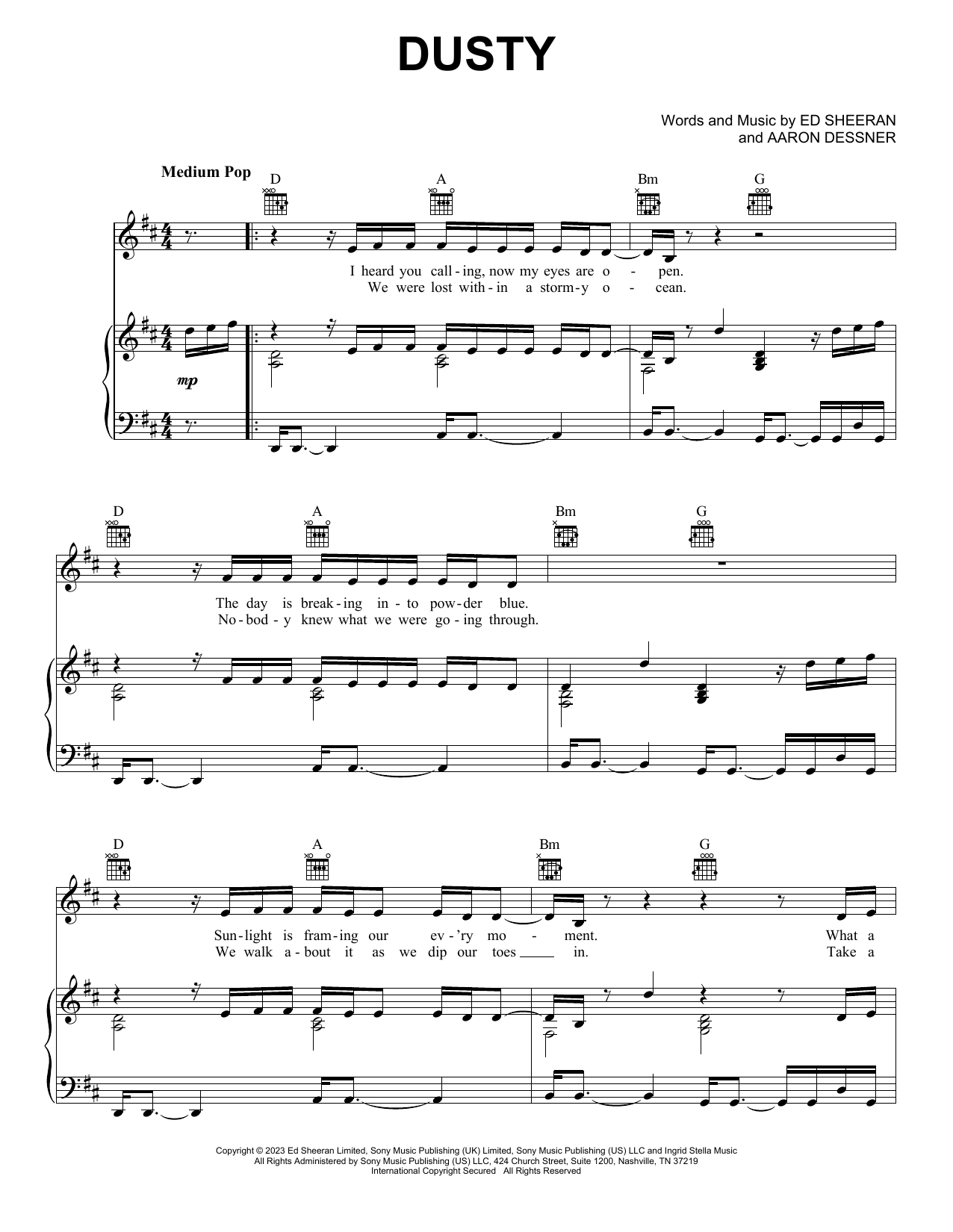 Ed Sheeran Dusty Sheet Music Notes & Chords for Piano, Vocal & Guitar Chords (Right-Hand Melody) - Download or Print PDF