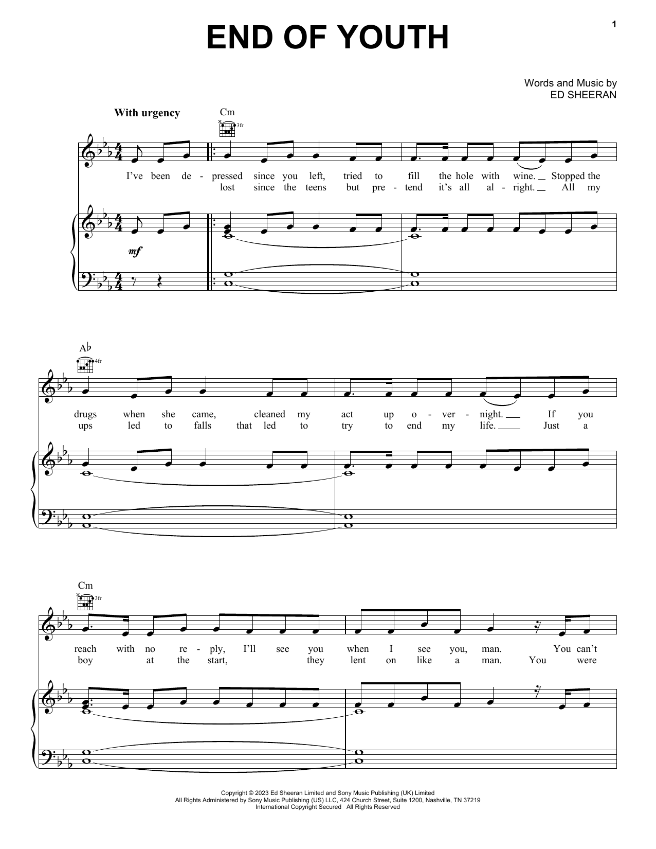 Ed Sheeran End Of Youth Sheet Music Notes & Chords for Piano, Vocal & Guitar Chords (Right-Hand Melody) - Download or Print PDF