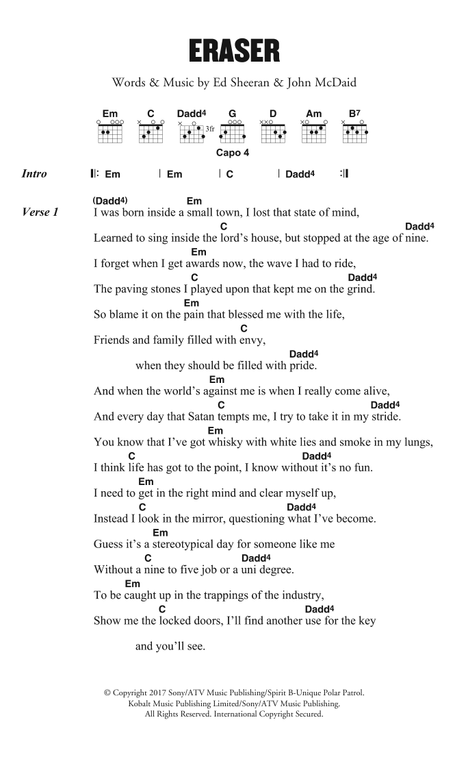 Ed Sheeran Eraser Sheet Music Notes & Chords for Lyrics & Chords - Download or Print PDF