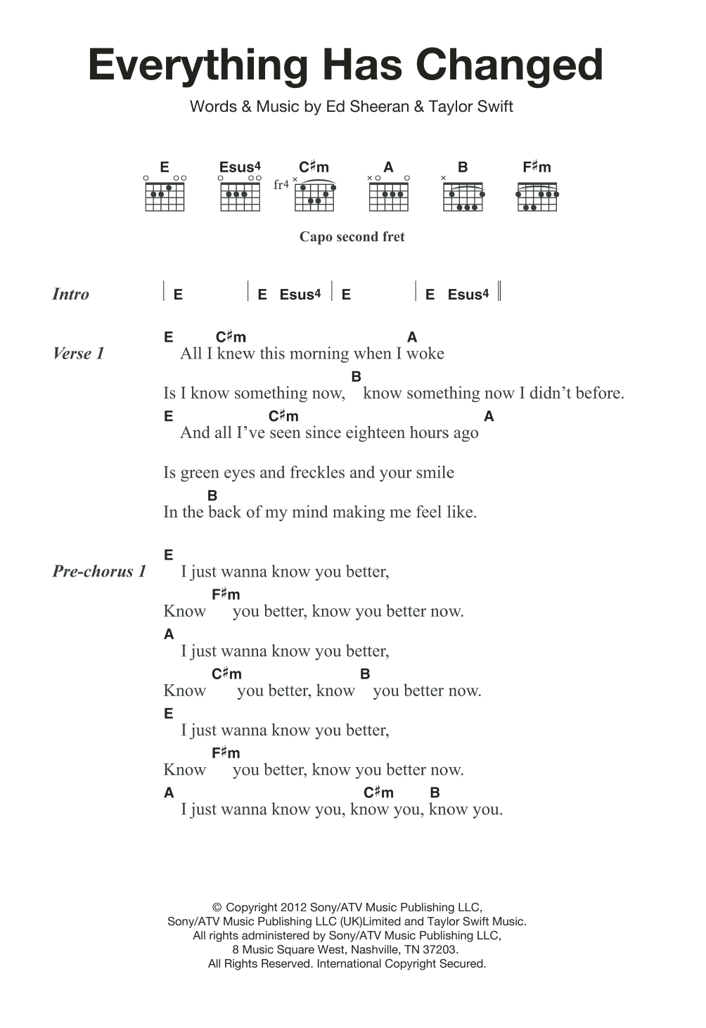 Taylor Swift Everything Has Changed (feat. Ed Sheeran) Sheet Music Notes & Chords for Lyrics & Chords - Download or Print PDF