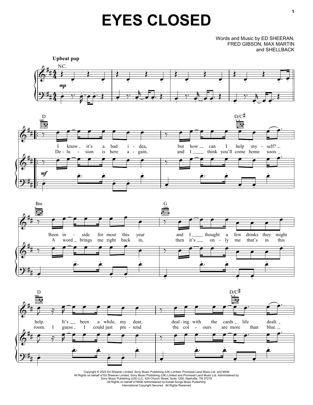 Ed Sheeran Eyes Closed Sheet Music Notes & Chords for Piano, Vocal & Guitar Chords (Right-Hand Melody) - Download or Print PDF