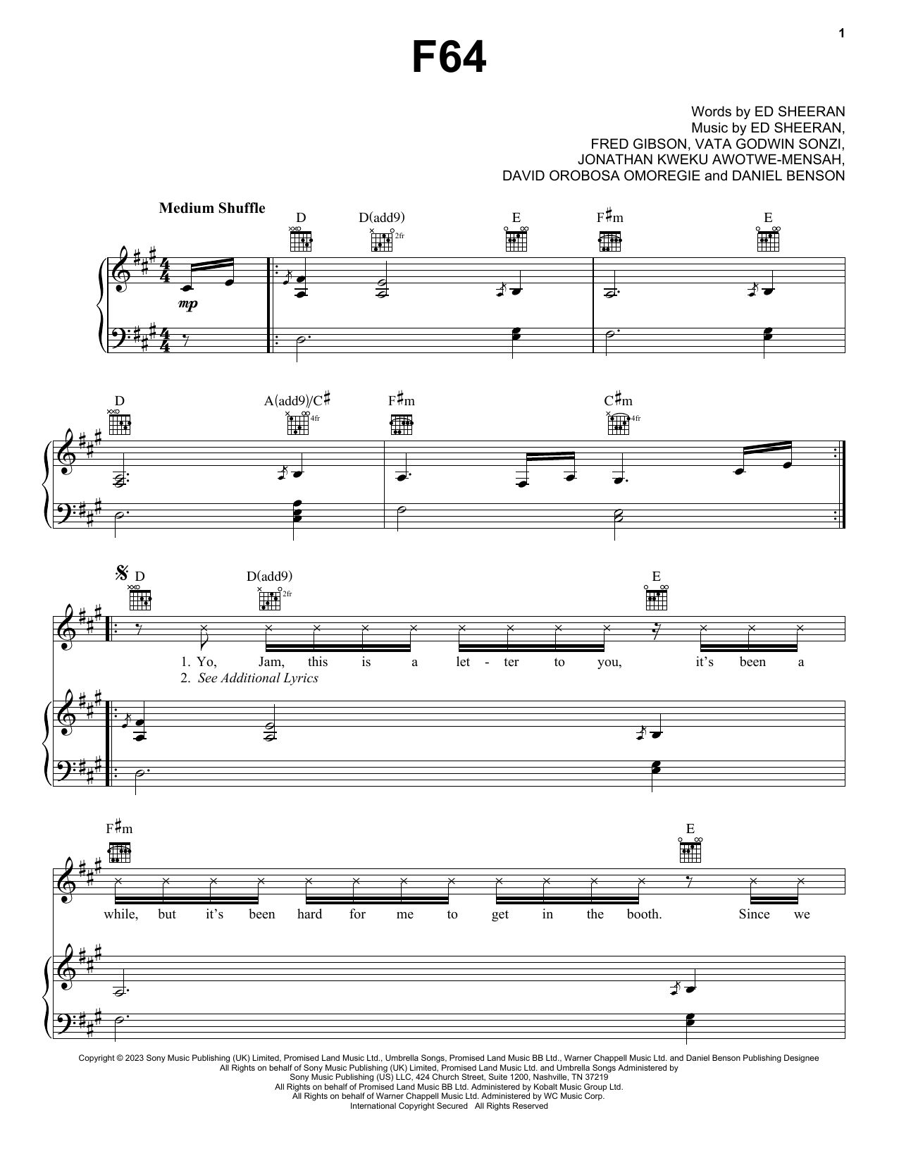 Ed Sheeran F64 Sheet Music Notes & Chords for Piano, Vocal & Guitar Chords (Right-Hand Melody) - Download or Print PDF