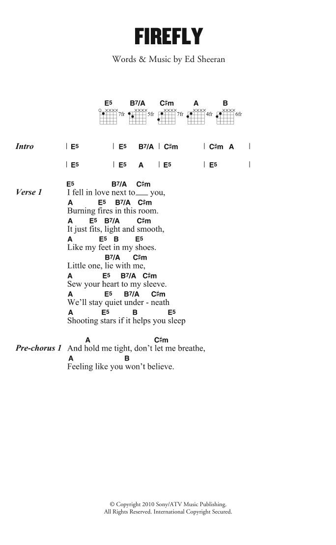 Ed Sheeran Firefly Sheet Music Notes & Chords for Lyrics & Chords - Download or Print PDF