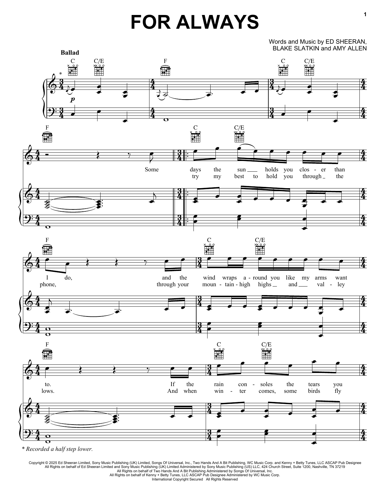 Ed Sheeran For Always Sheet Music Notes & Chords for Piano, Vocal & Guitar Chords (Right-Hand Melody) - Download or Print PDF