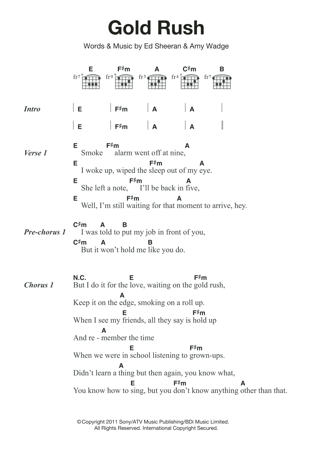 Ed Sheeran Gold Rush Sheet Music Notes & Chords for Lyrics & Chords - Download or Print PDF