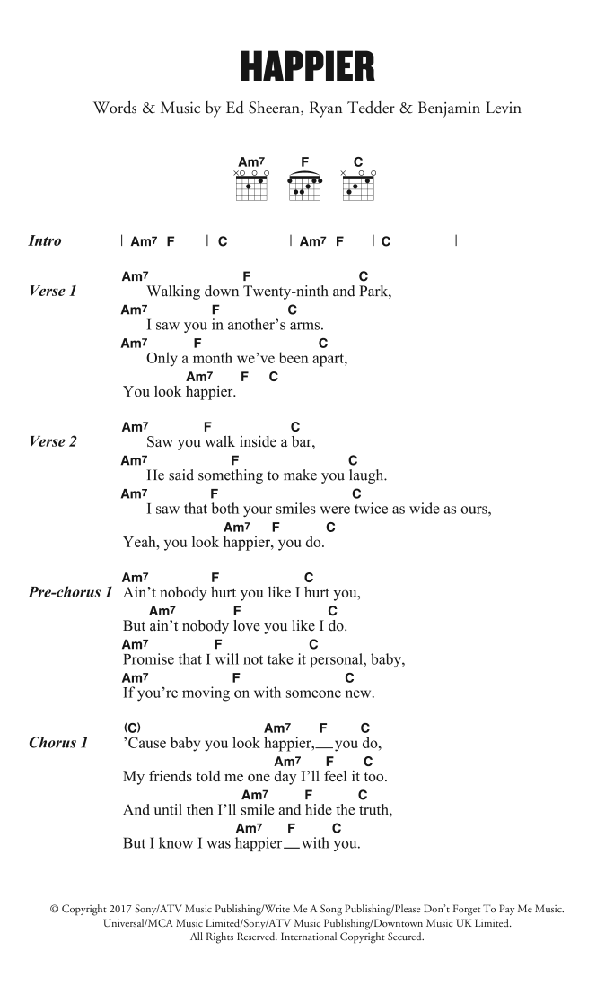 Ed Sheeran Happier Sheet Music Notes & Chords for Piano, Vocal & Guitar (Right-Hand Melody) - Download or Print PDF