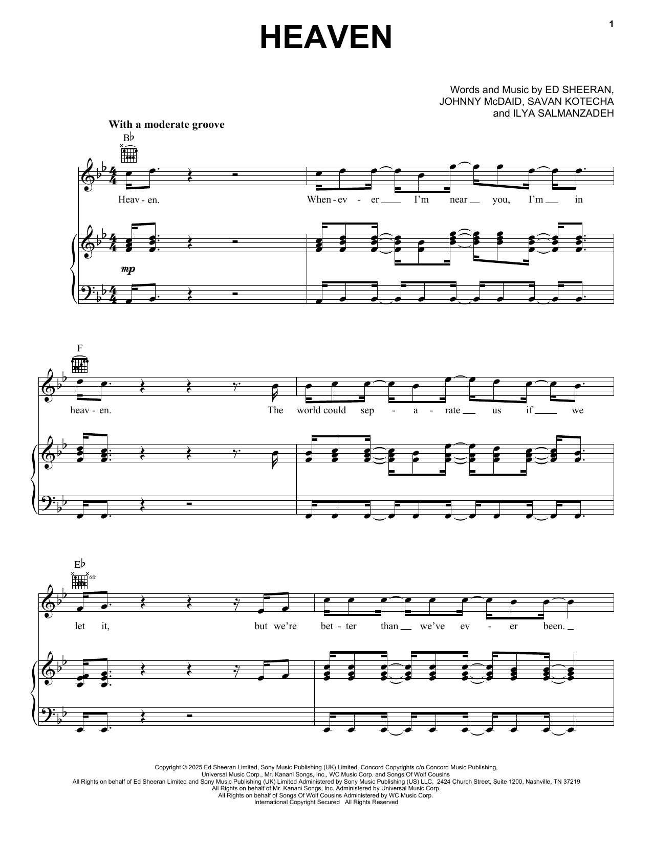 Ed Sheeran Heaven Sheet Music Notes & Chords for Piano, Vocal & Guitar Chords (Right-Hand Melody) - Download or Print PDF