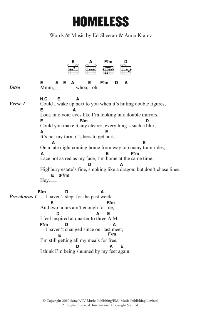 Ed Sheeran Homeless Sheet Music Notes & Chords for Lyrics & Chords - Download or Print PDF