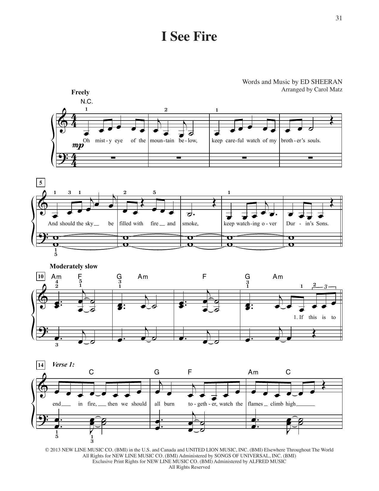 Ed Sheeran I See Fire (from The Hobbit: The Desolation of Smaug) (arr. Carol Matz) Sheet Music Notes & Chords for Big Note Piano - Download or Print PDF