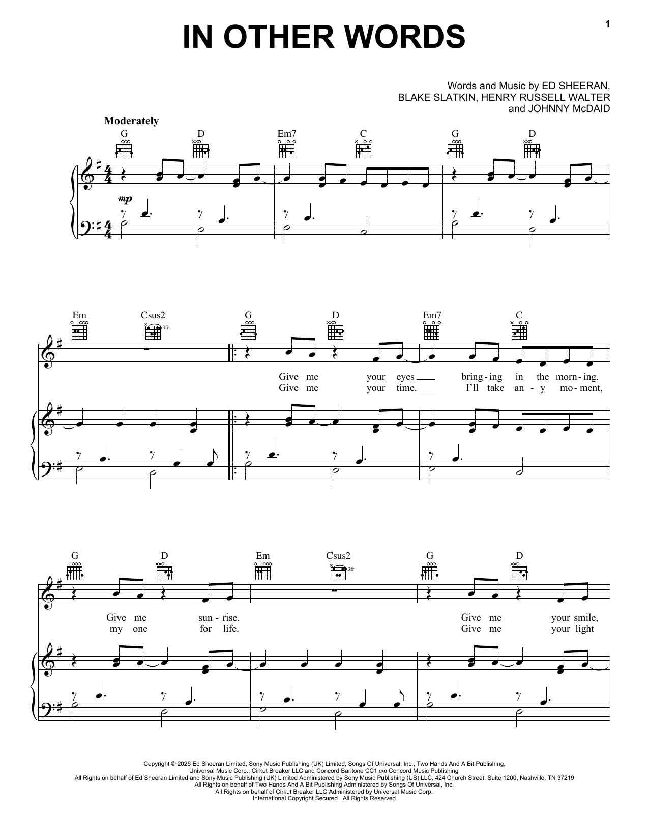 Ed Sheeran In Other Words Sheet Music Notes & Chords for Piano, Vocal & Guitar Chords (Right-Hand Melody) - Download or Print PDF