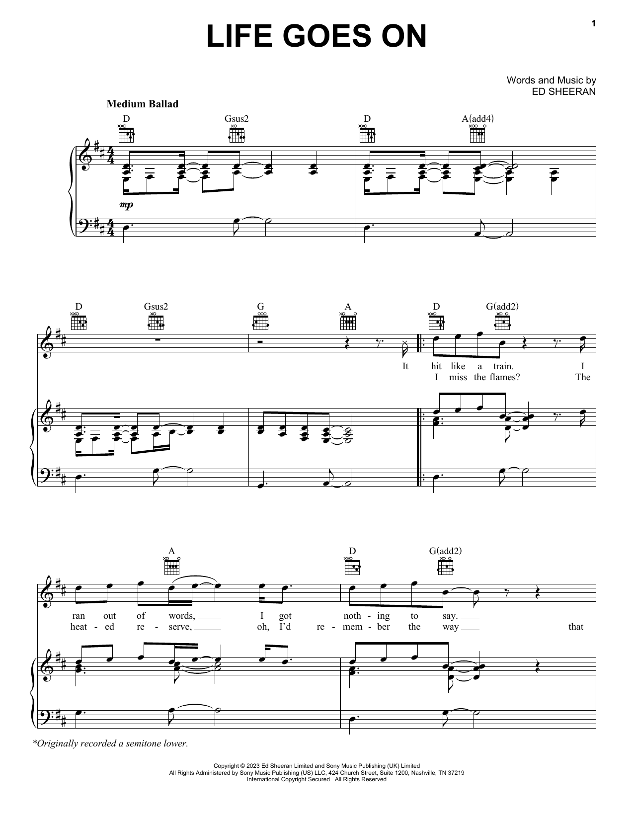 Ed Sheeran Life Goes On Sheet Music Notes & Chords for Piano, Vocal & Guitar Chords (Right-Hand Melody) - Download or Print PDF