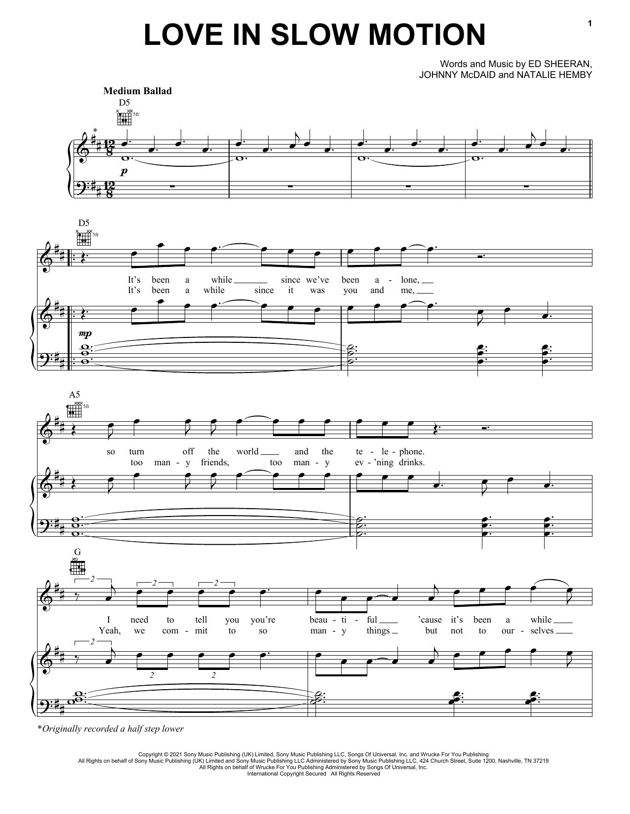 Ed Sheeran Love In Slow Motion Sheet Music Notes & Chords for Piano, Vocal & Guitar (Right-Hand Melody) - Download or Print PDF
