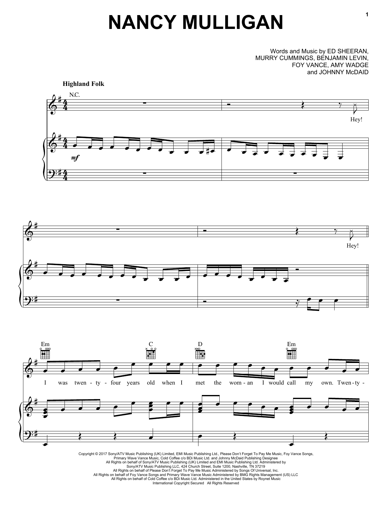 Ed Sheeran Nancy Mulligan Sheet Music Notes & Chords for Piano, Vocal & Guitar (Right-Hand Melody) - Download or Print PDF