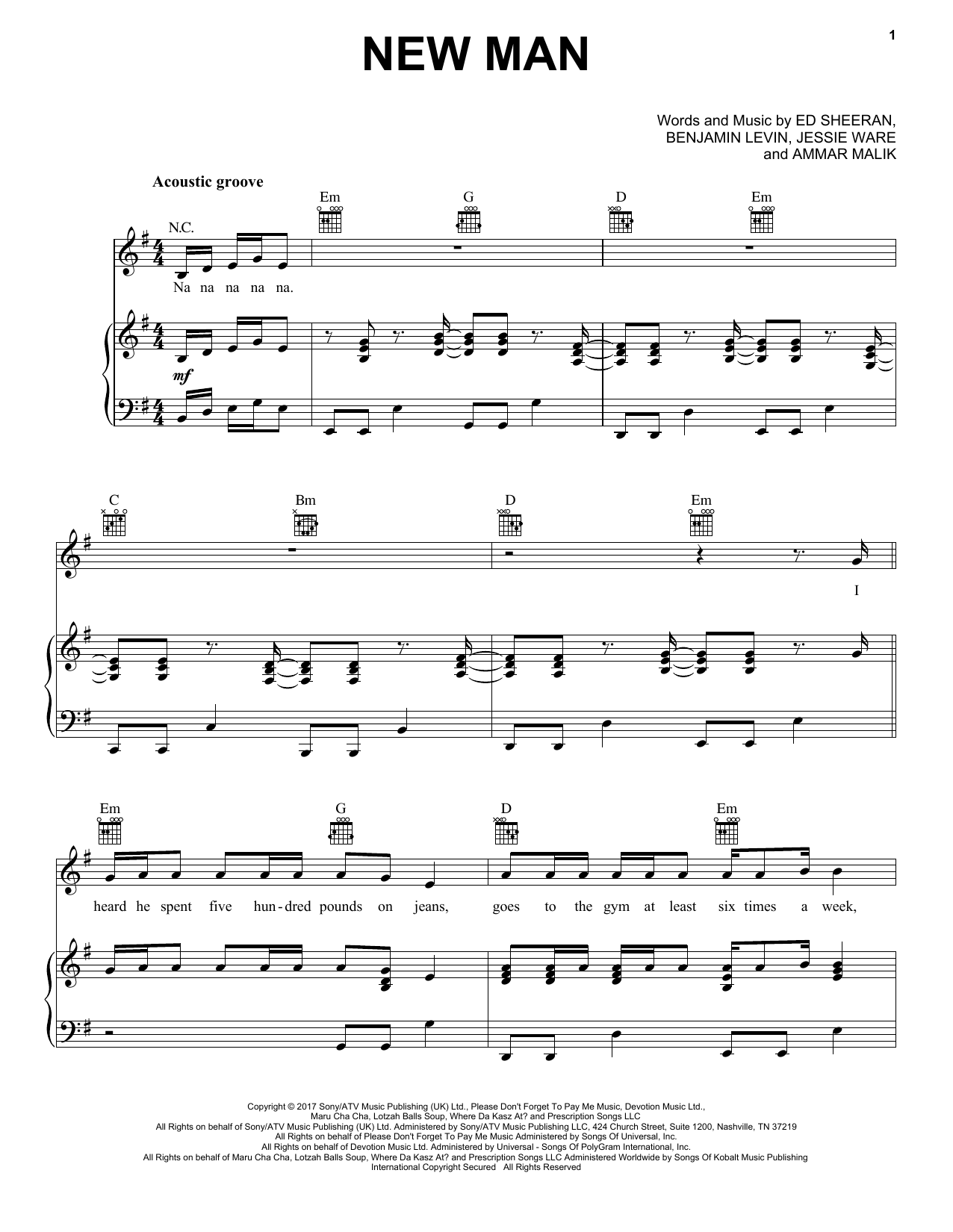 Ed Sheeran New Man Sheet Music Notes & Chords for Piano, Vocal & Guitar (Right-Hand Melody) - Download or Print PDF