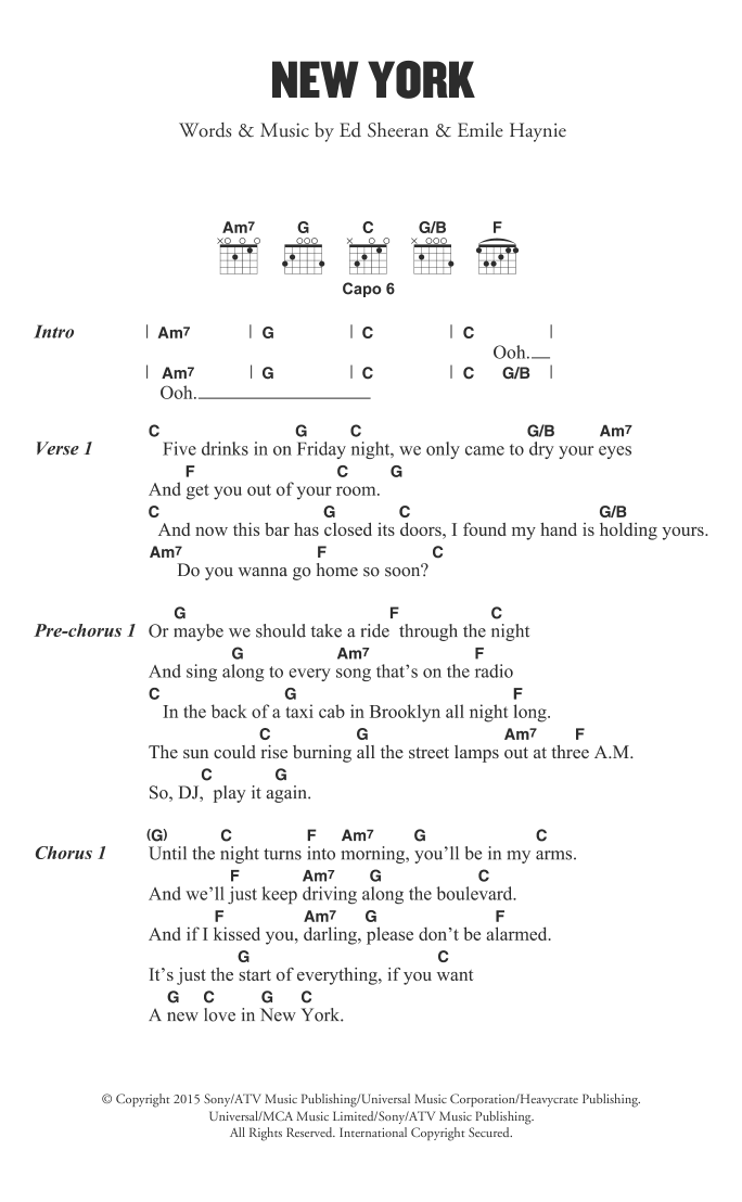 Ed Sheeran New York Sheet Music Notes & Chords for Lyrics & Chords - Download or Print PDF