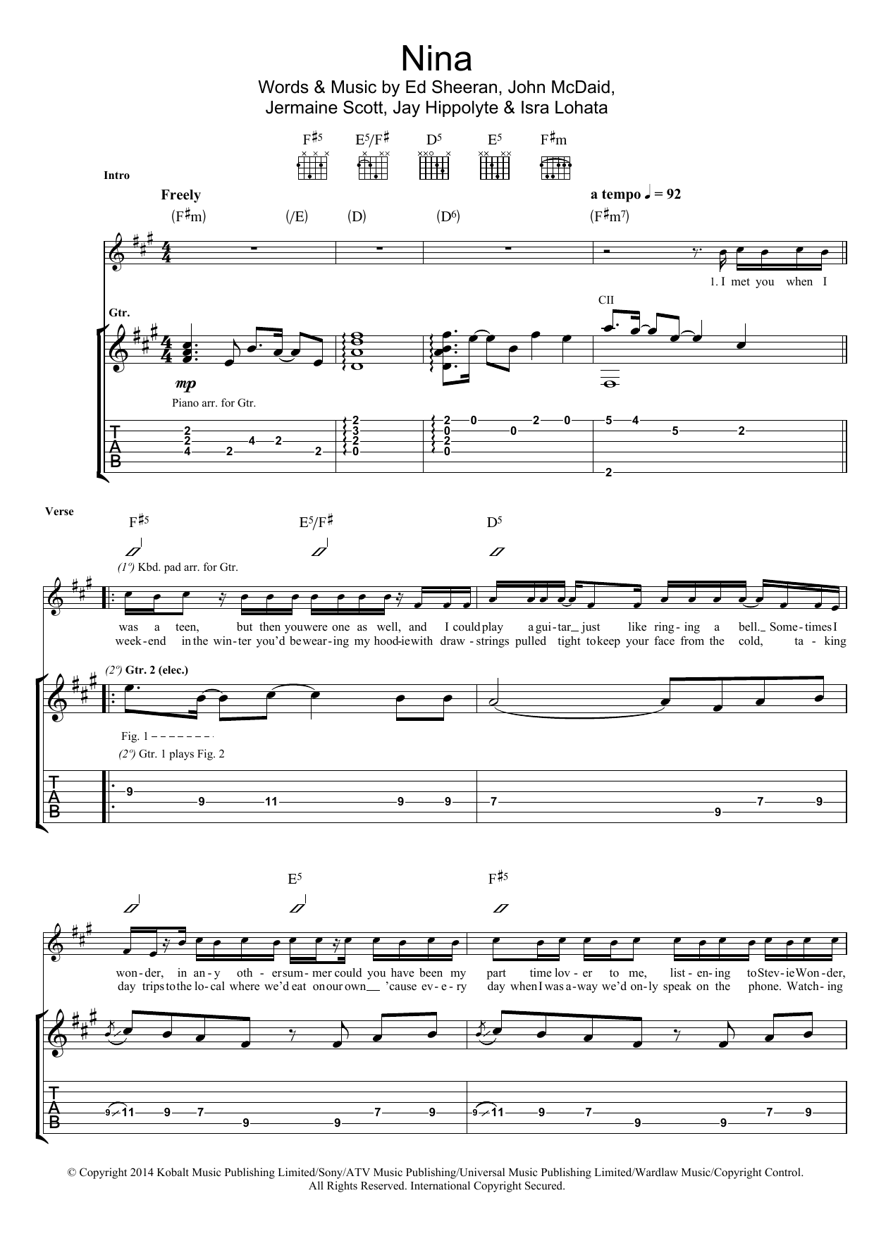 Ed Sheeran Nina Sheet Music Notes & Chords for Piano, Vocal & Guitar (Right-Hand Melody) - Download or Print PDF
