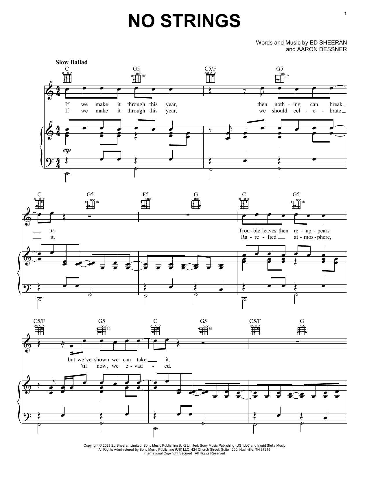 Ed Sheeran No Strings Sheet Music Notes & Chords for Piano, Vocal & Guitar Chords (Right-Hand Melody) - Download or Print PDF