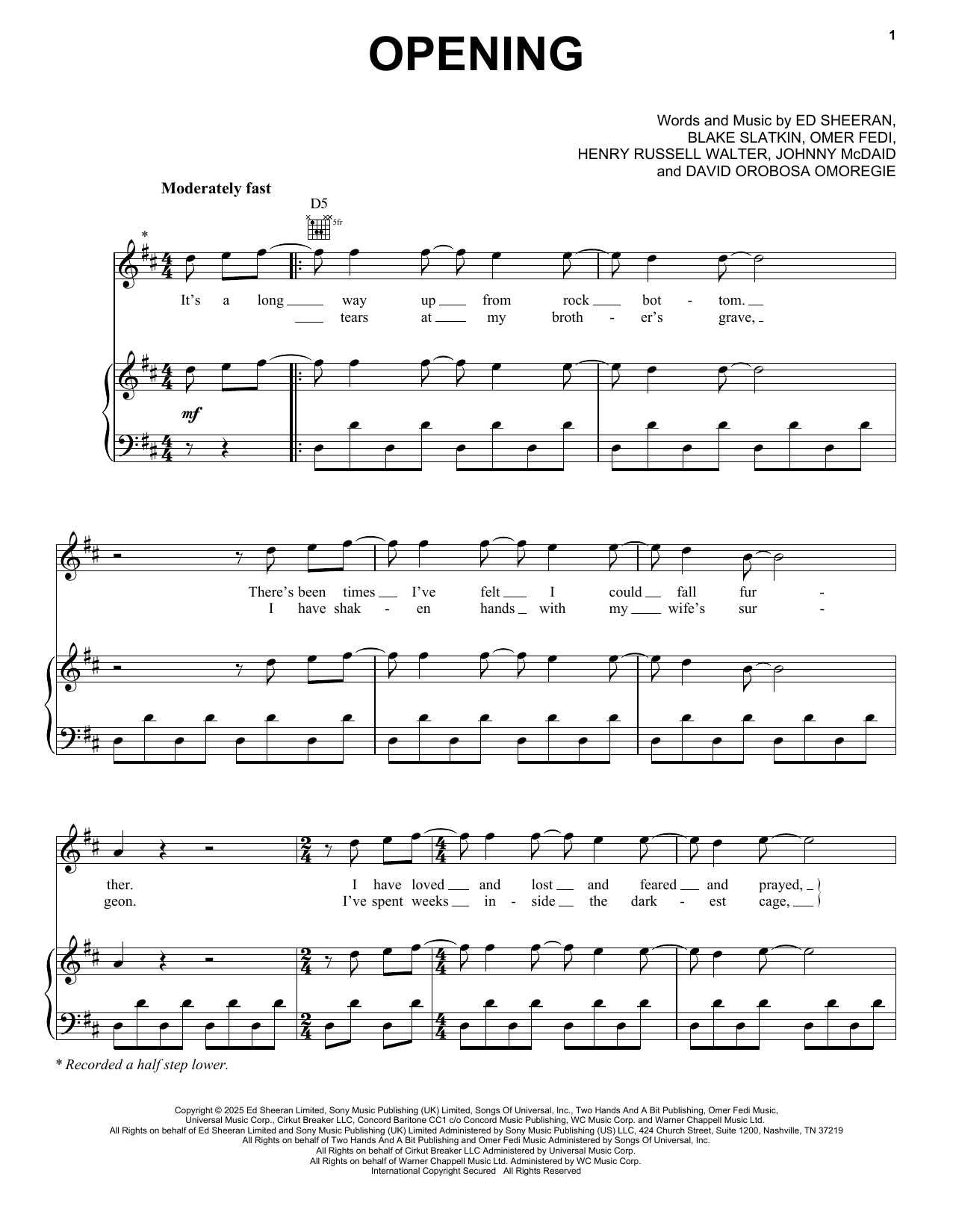 Ed Sheeran Opening Sheet Music Notes & Chords for Piano, Vocal & Guitar Chords (Right-Hand Melody) - Download or Print PDF
