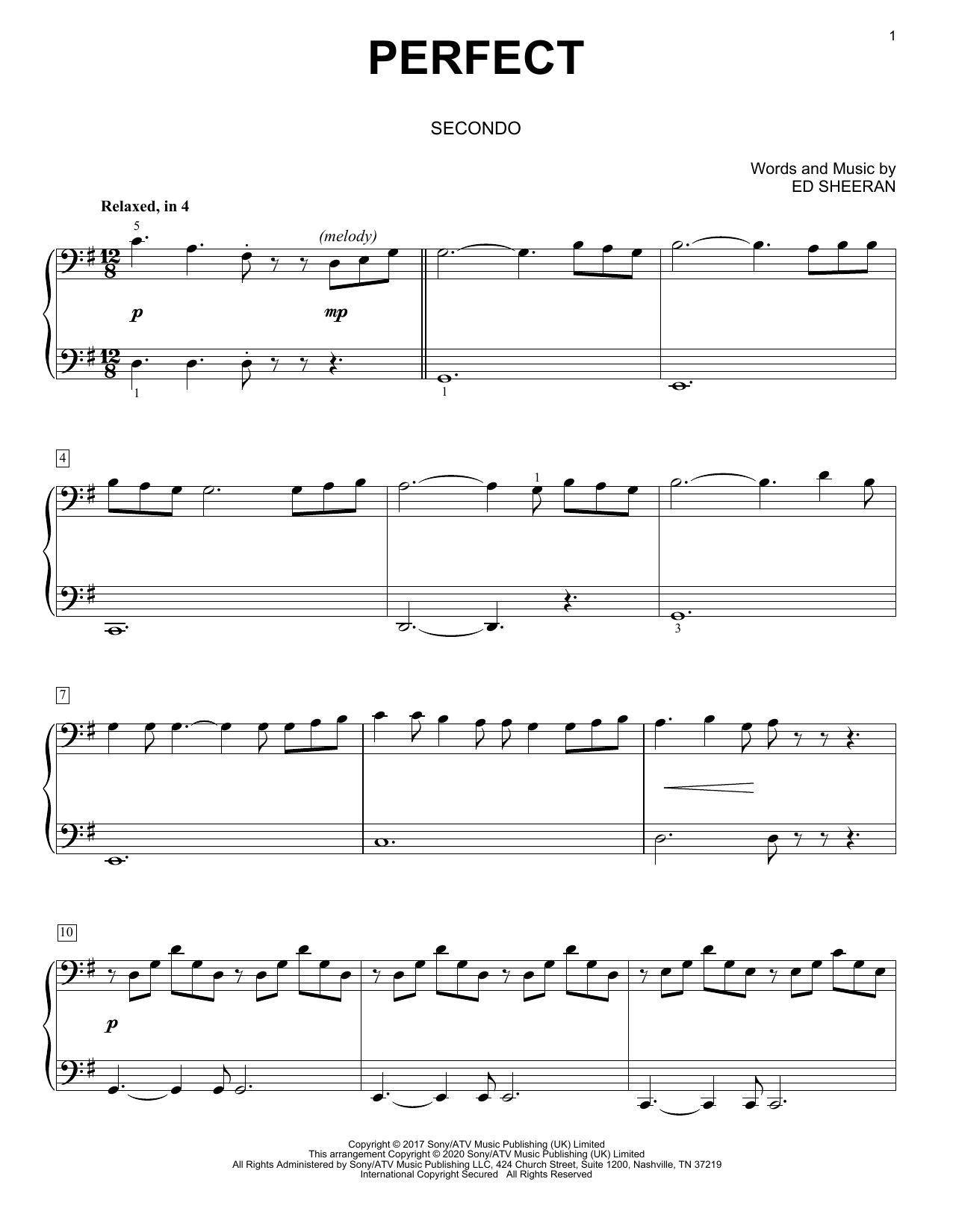 Ed Sheeran Perfect (arr. David Pearl) Sheet Music Notes & Chords for Piano Duet - Download or Print PDF