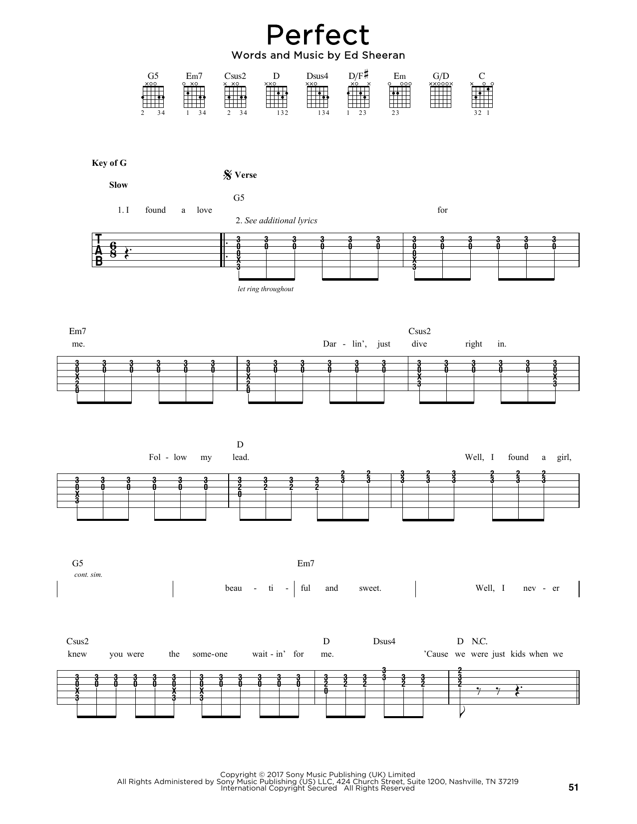 Ed Sheeran Perfect Sheet Music Notes & Chords for Guitar Tab - Download or Print PDF