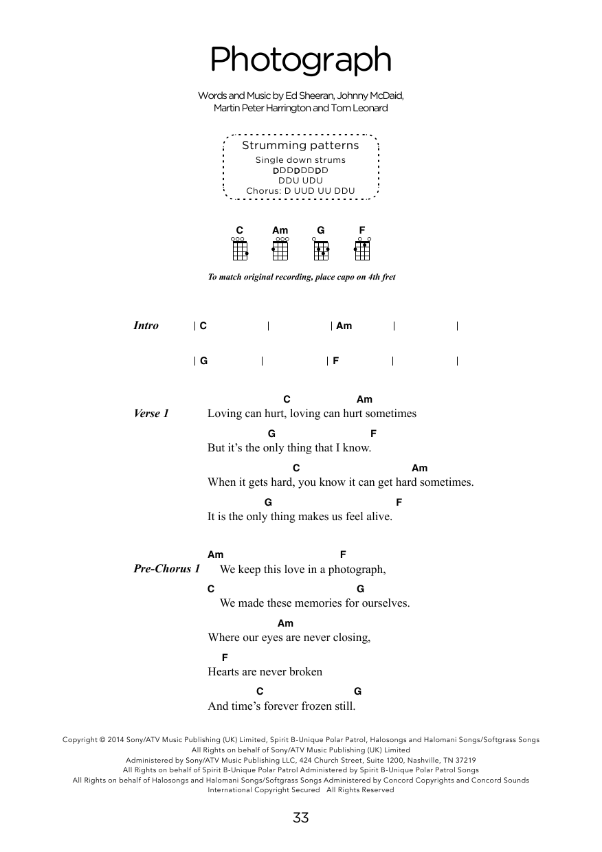 Ed Sheeran Photograph (arr. Elise Ecklund) Sheet Music Notes & Chords for Ukulele Chords/Lyrics - Download or Print PDF