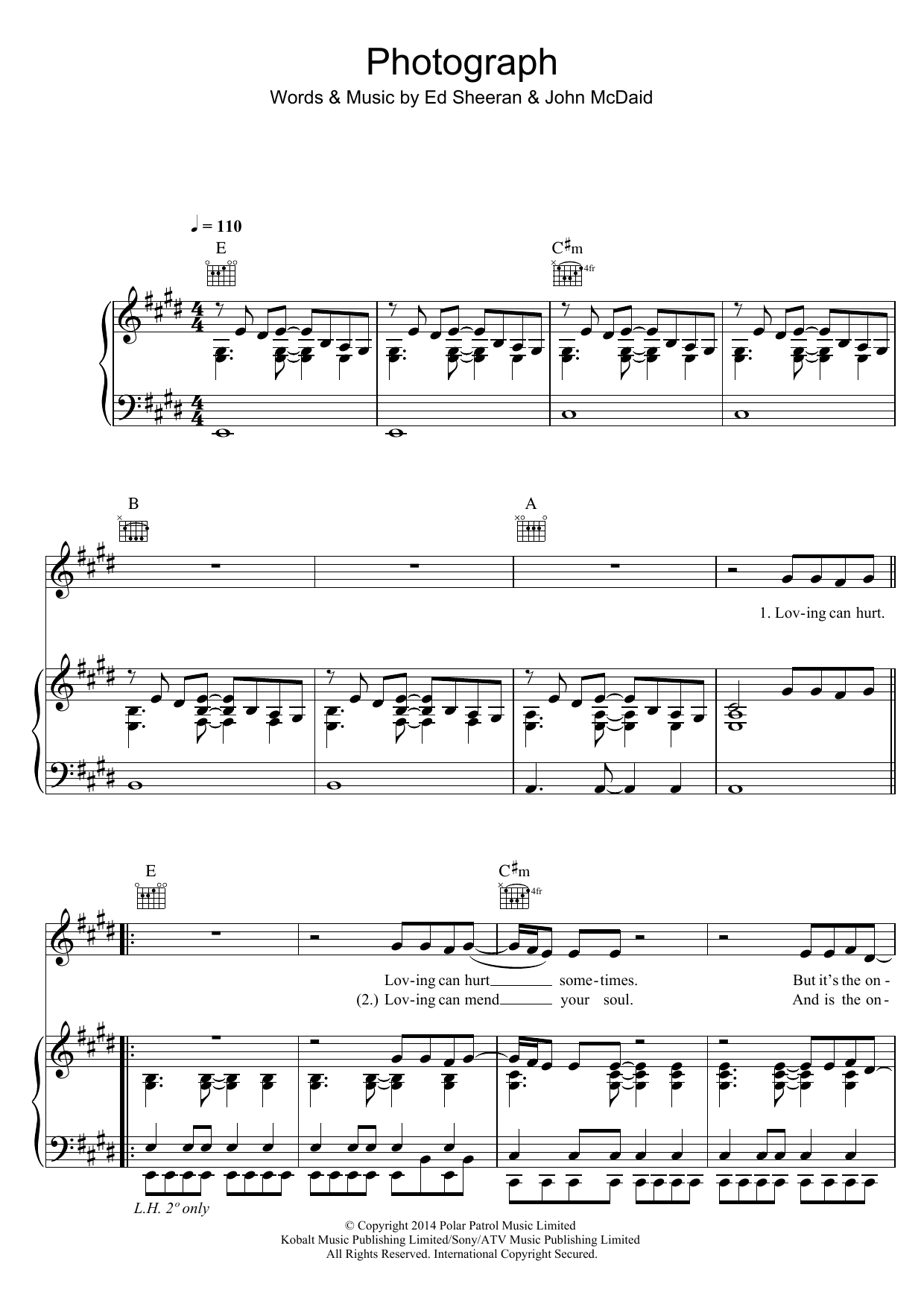 Ed Sheeran Photograph Sheet Music Notes & Chords for Piano, Vocal & Guitar - Download or Print PDF