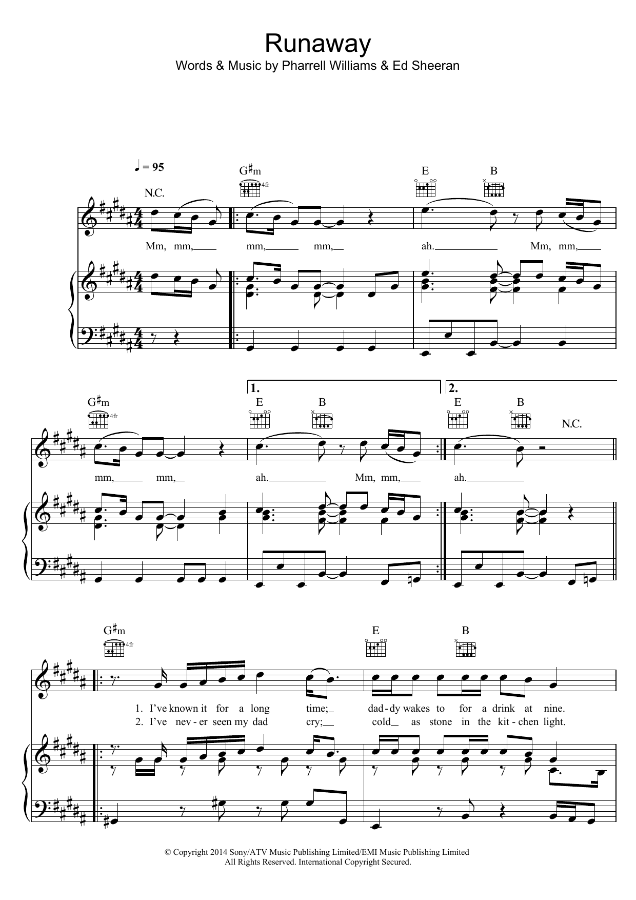 Ed Sheeran Runaway Sheet Music Notes & Chords for Piano, Vocal & Guitar (Right-Hand Melody) - Download or Print PDF
