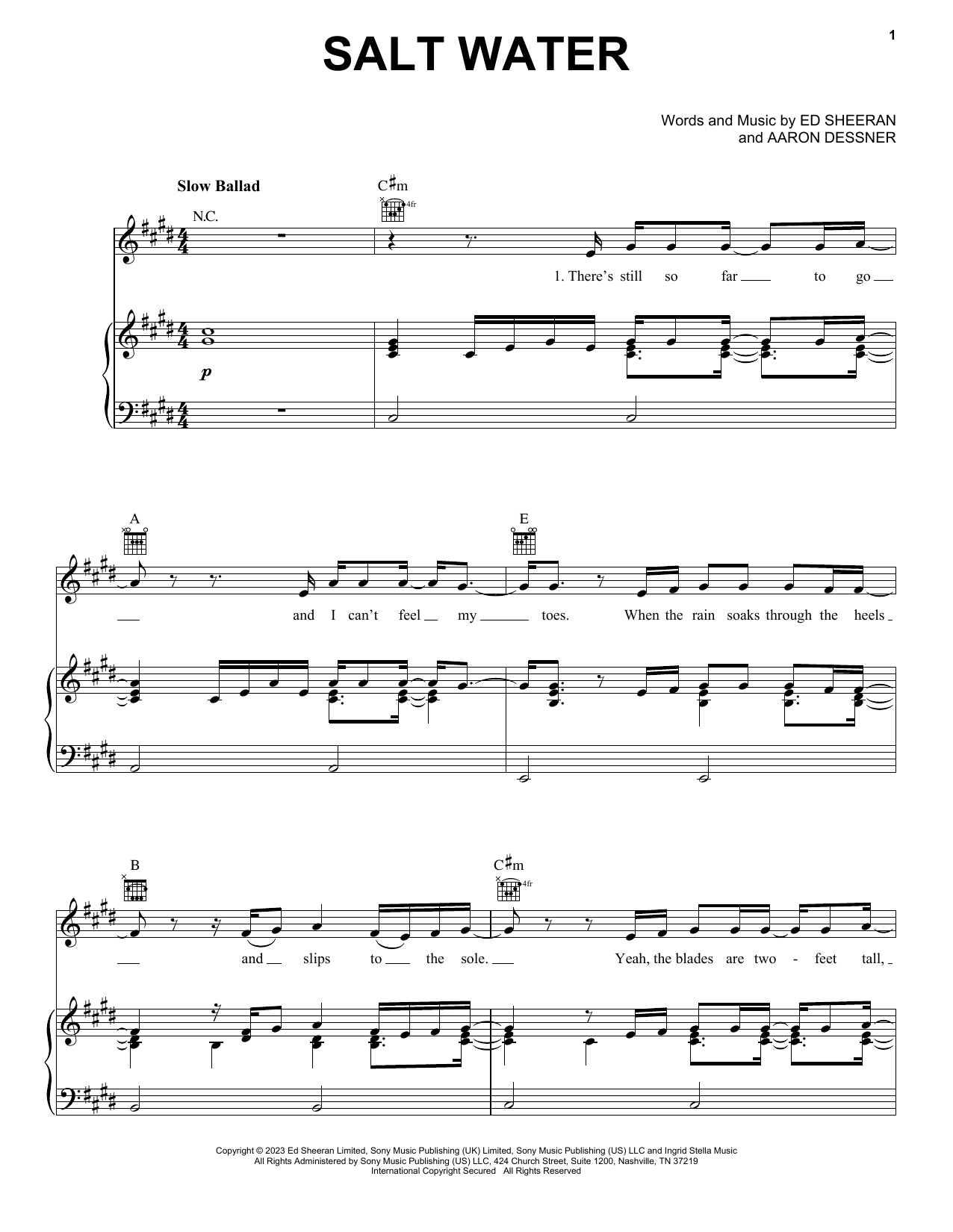 Ed Sheeran Salt Water Sheet Music Notes & Chords for Piano, Vocal & Guitar Chords (Right-Hand Melody) - Download or Print PDF