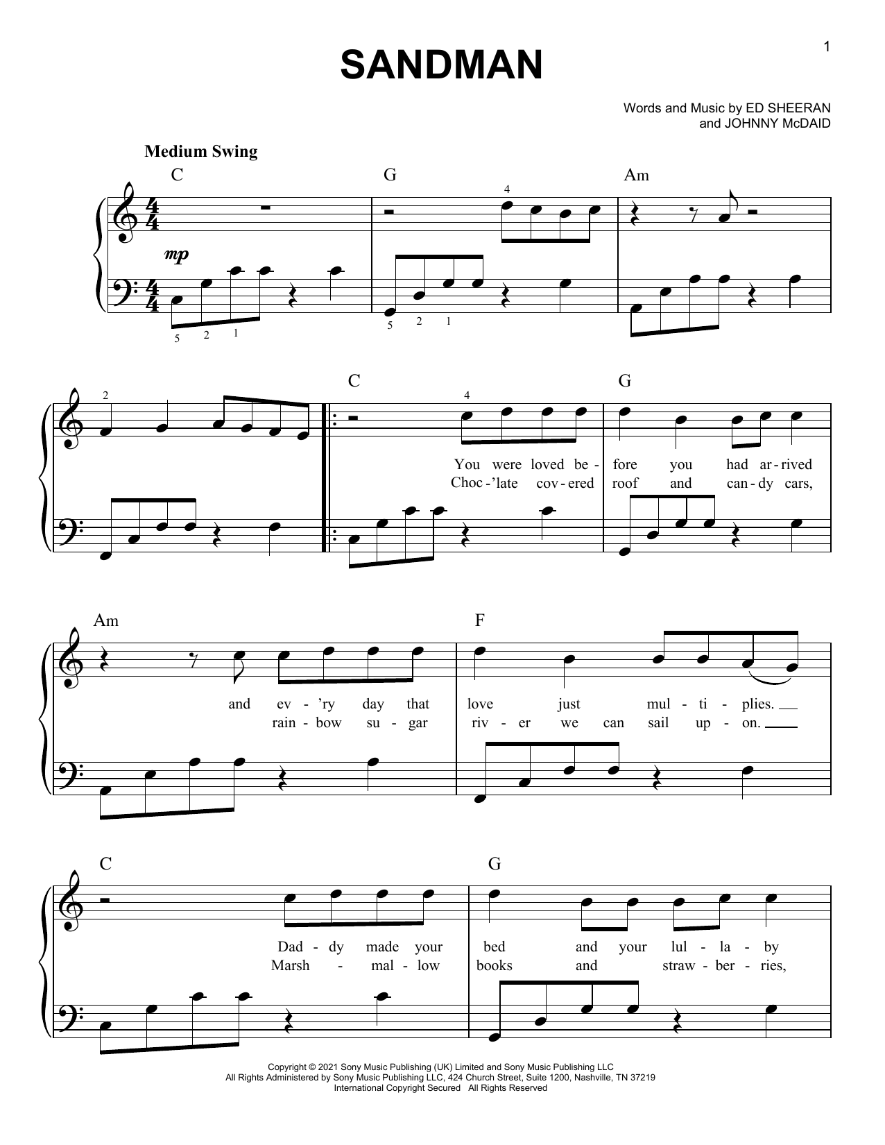 Ed Sheeran Sandman Sheet Music Notes & Chords for Easy Piano - Download or Print PDF