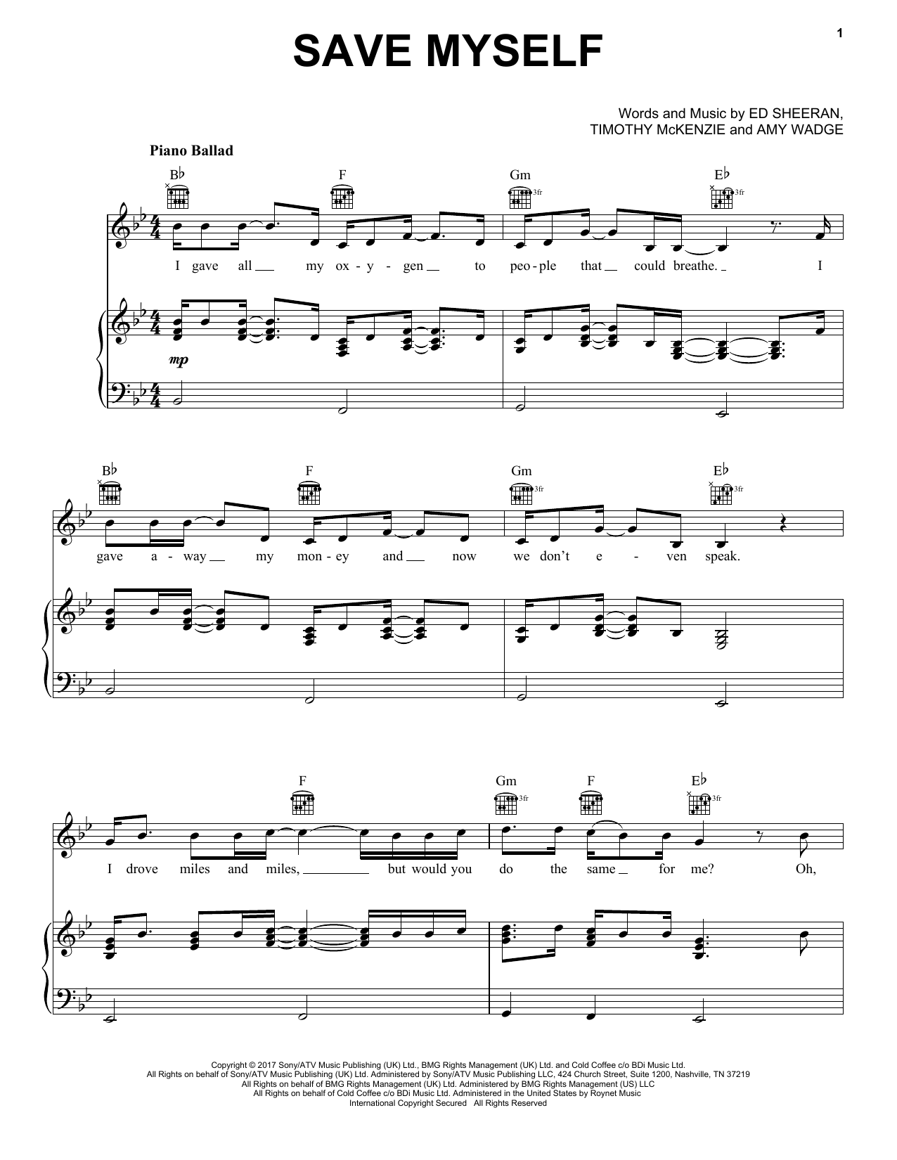 Ed Sheeran Save Myself Sheet Music Notes & Chords for Piano, Vocal & Guitar (Right-Hand Melody) - Download or Print PDF