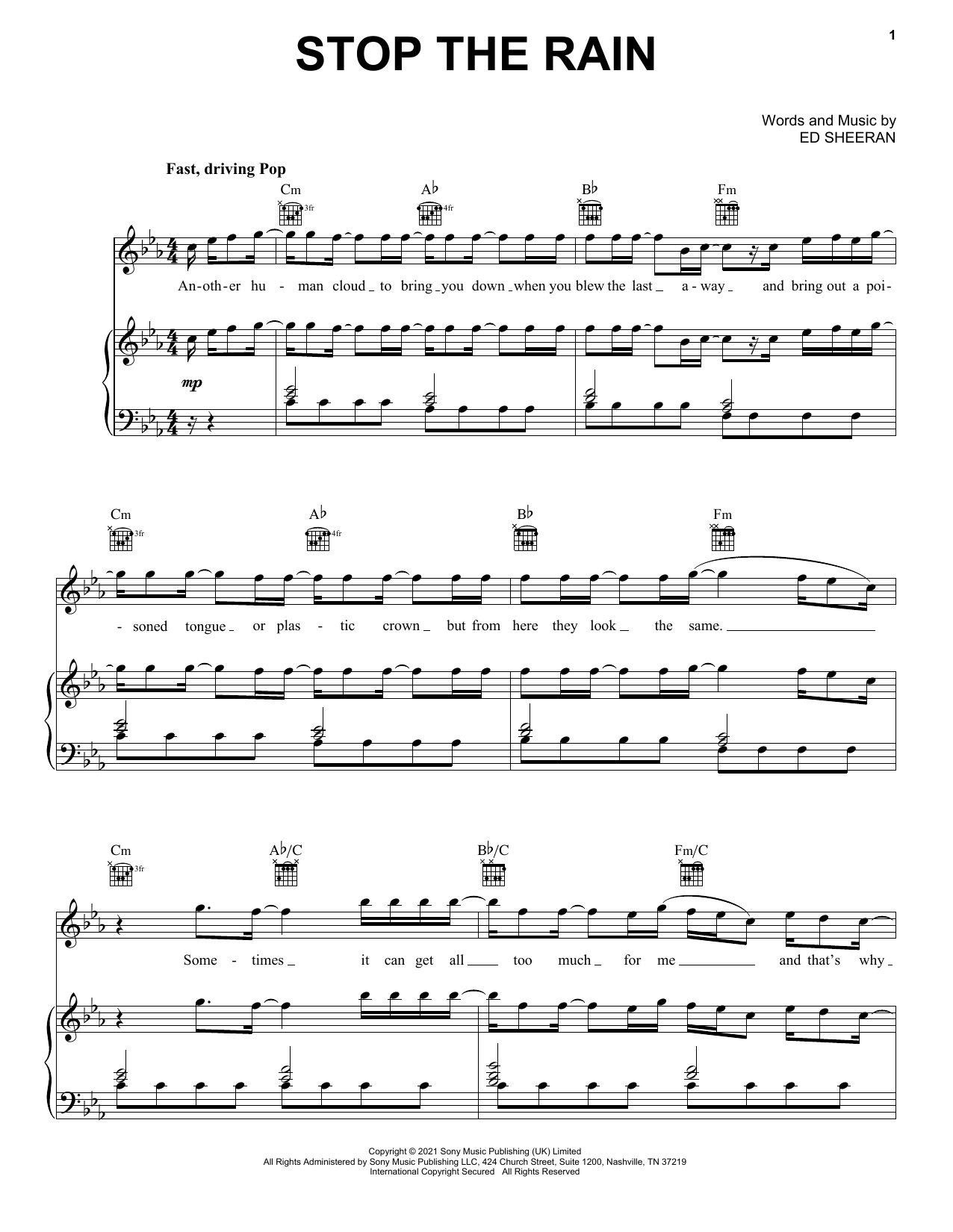 Ed Sheeran Stop The Rain Sheet Music Notes & Chords for Piano, Vocal & Guitar (Right-Hand Melody) - Download or Print PDF
