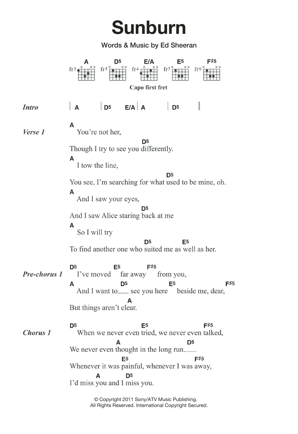 Ed Sheeran Sunburn Sheet Music Notes & Chords for Lyrics & Chords - Download or Print PDF