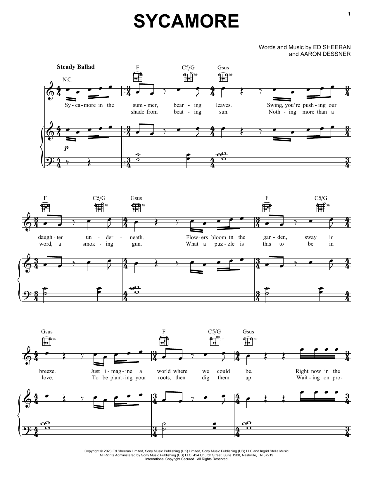 Ed Sheeran Sycamore Sheet Music Notes & Chords for Piano, Vocal & Guitar Chords (Right-Hand Melody) - Download or Print PDF