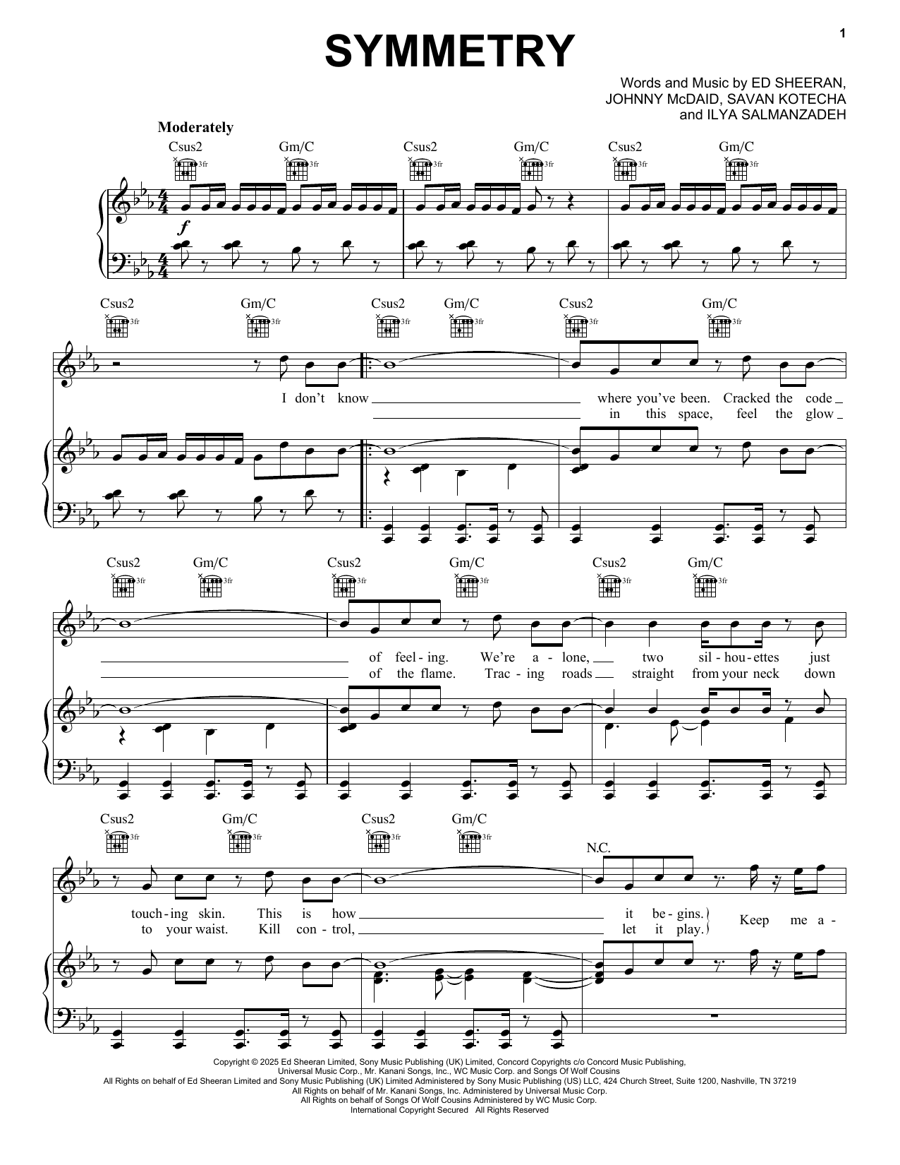 Ed Sheeran Symmetry Sheet Music Notes & Chords for Piano, Vocal & Guitar Chords (Right-Hand Melody) - Download or Print PDF