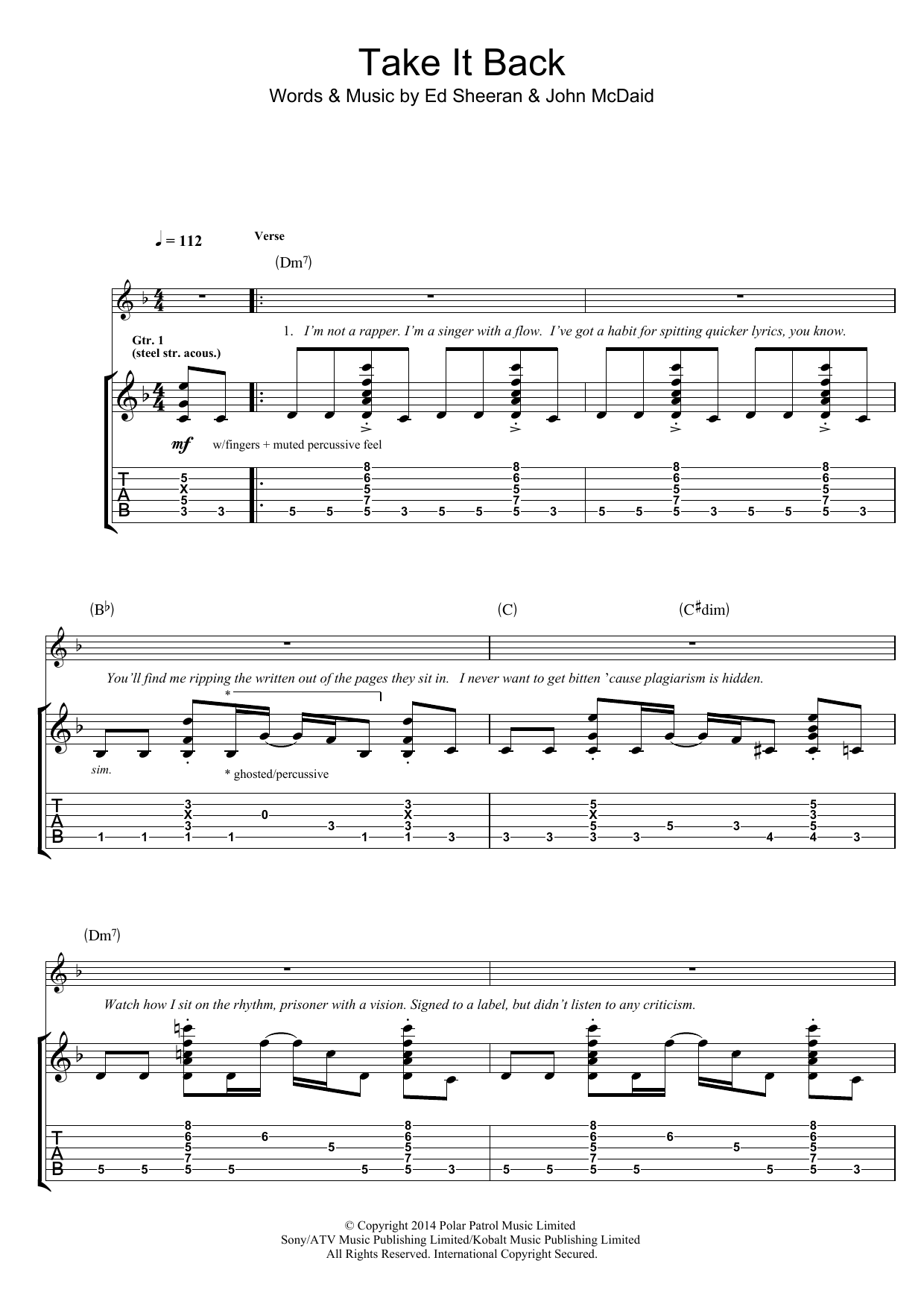 Ed Sheeran Take It Back Sheet Music Notes & Chords for Guitar Tab - Download or Print PDF