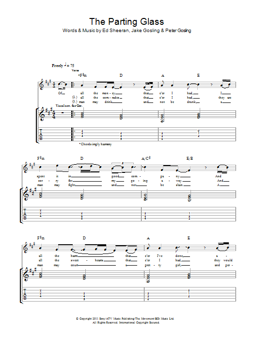 Ed Sheeran The Parting Glass Sheet Music Notes & Chords for Piano, Vocal & Guitar (Right-Hand Melody) - Download or Print PDF