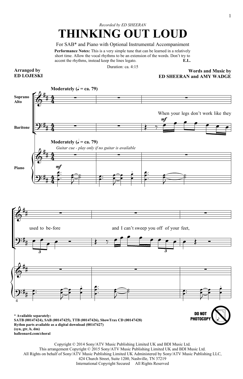 Ed Sheeran Thinking Out Loud (arr. Ed Lojeski) Sheet Music Notes & Chords for SAB - Download or Print PDF