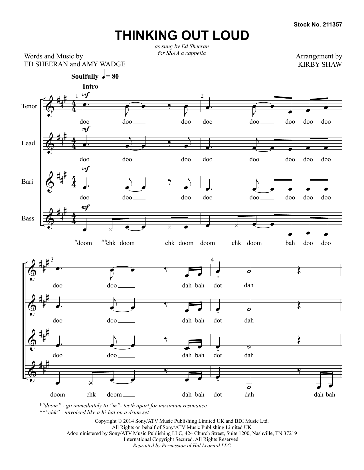 Ed Sheeran Thinking Out Loud (arr. Kirby Shaw) Sheet Music Notes & Chords for TTBB Choir - Download or Print PDF