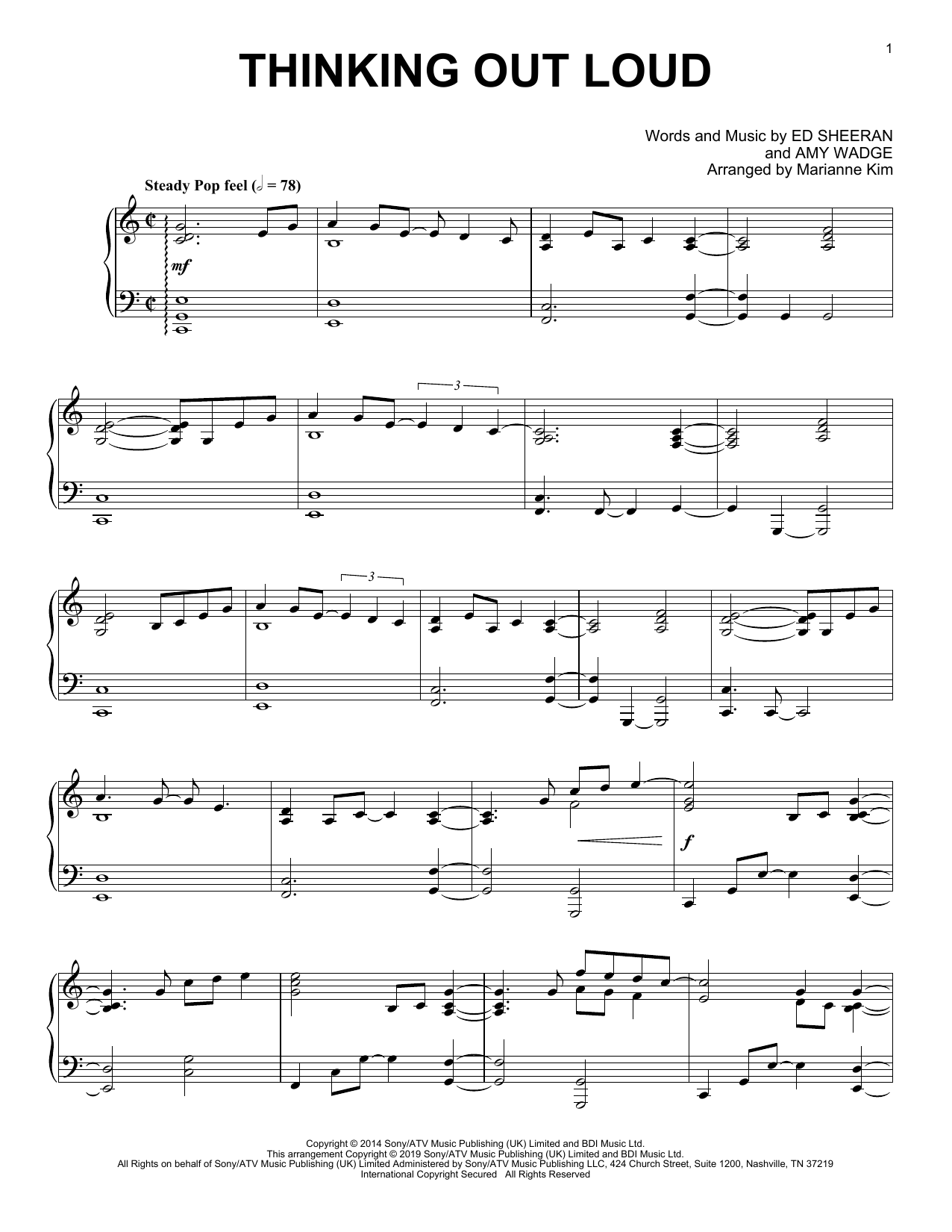 Ed Sheeran Thinking Out Loud (arr. Marianne Kim) Sheet Music Notes & Chords for Piano Solo - Download or Print PDF