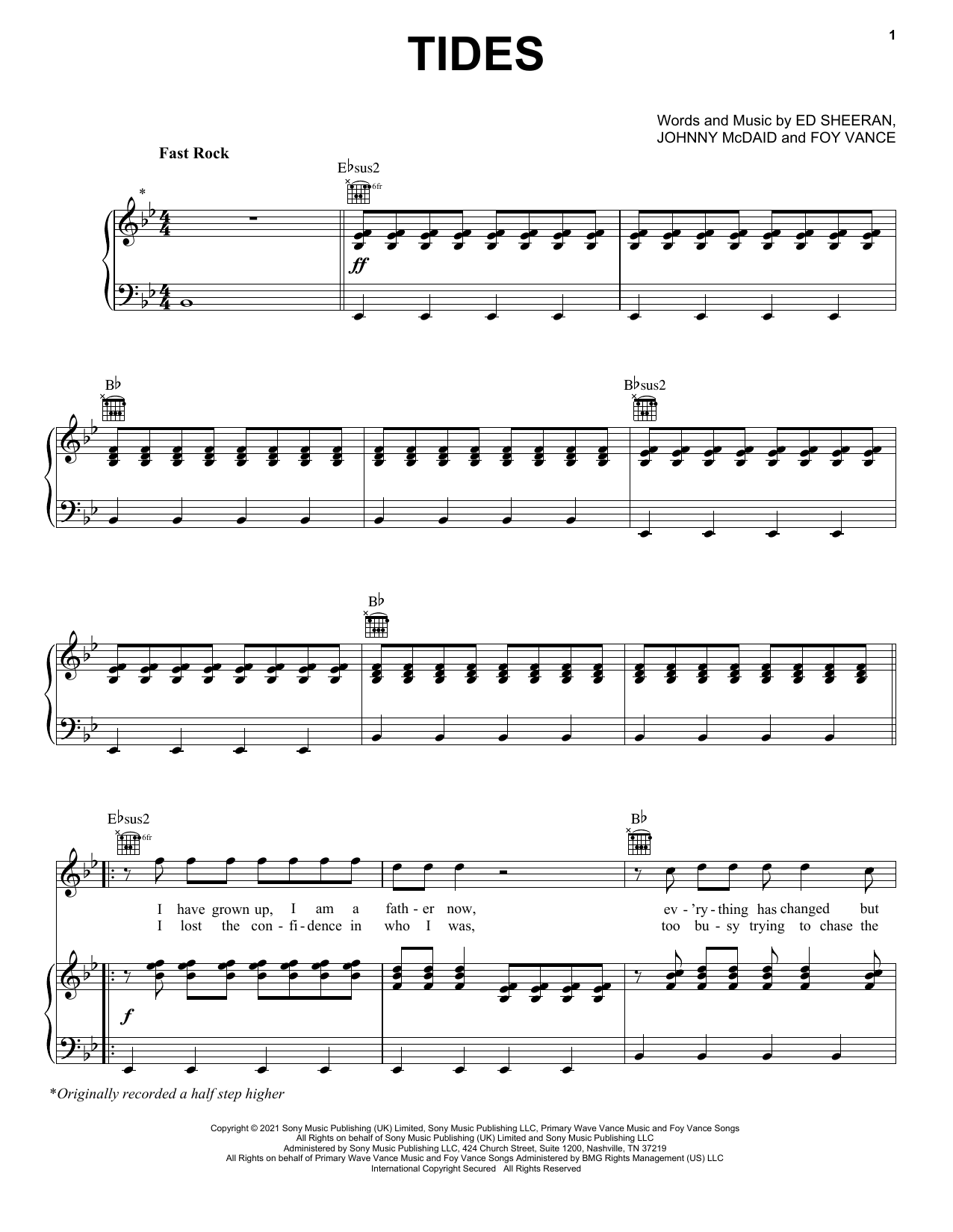 Ed Sheeran Tides Sheet Music Notes & Chords for Piano, Vocal & Guitar (Right-Hand Melody) - Download or Print PDF