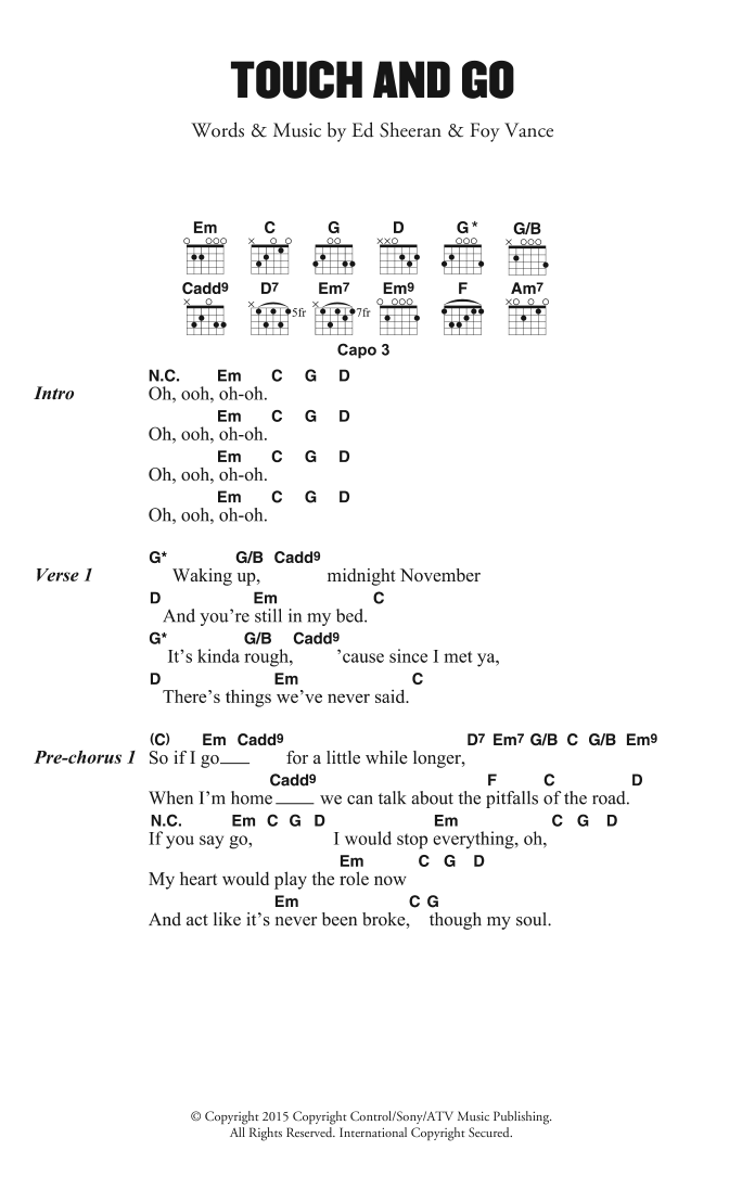 Ed Sheeran Touch And Go Sheet Music Notes & Chords for Lyrics & Chords - Download or Print PDF