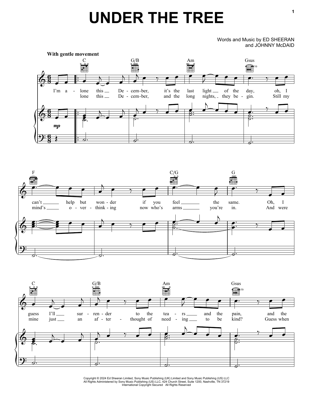 Ed Sheeran Under The Tree (from That Christmas) Sheet Music Notes & Chords for Piano, Vocal & Guitar Chords (Right-Hand Melody) - Download or Print PDF