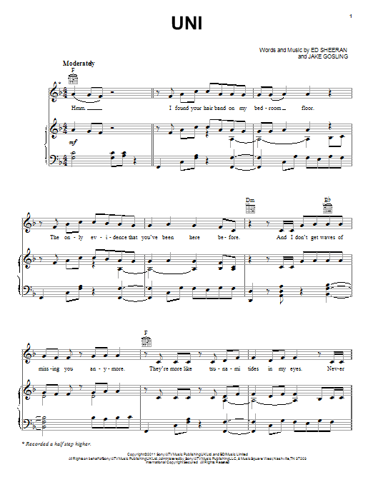 Ed Sheeran U.N.I Sheet Music Notes & Chords for Piano, Vocal & Guitar (Right-Hand Melody) - Download or Print PDF