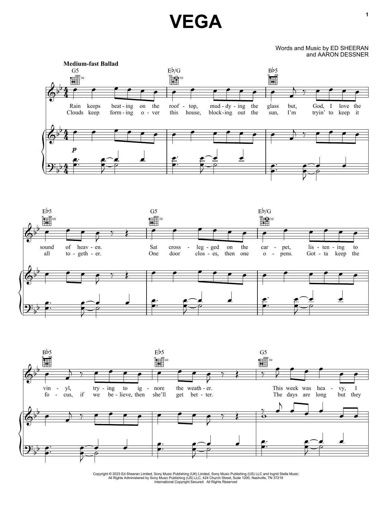Ed Sheeran Vega Sheet Music Notes & Chords for Piano, Vocal & Guitar Chords (Right-Hand Melody) - Download or Print PDF
