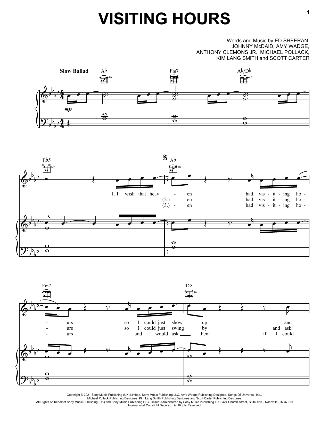 Ed Sheeran Visiting Hours Sheet Music Notes & Chords for Easy Piano - Download or Print PDF