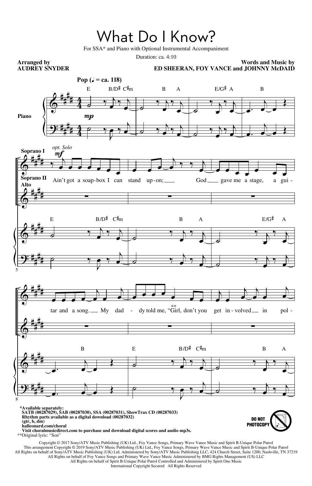 Ed Sheeran What Do I Know? (arr. Audrey Snyder) Sheet Music Notes & Chords for SSA Choir - Download or Print PDF