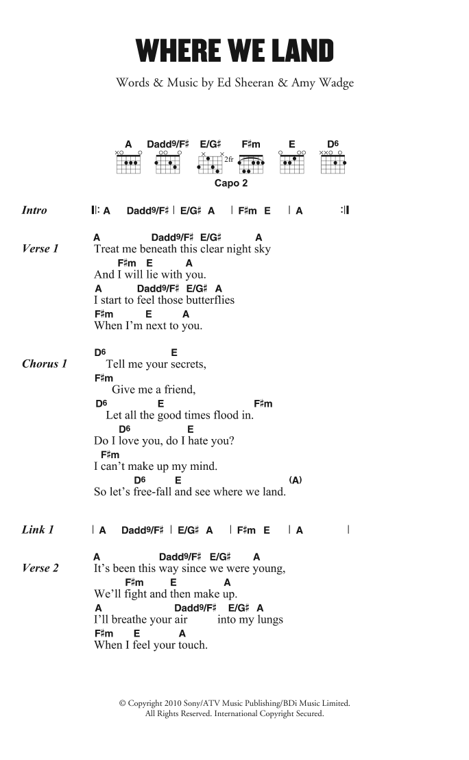 Ed Sheeran Where We Land Sheet Music Notes & Chords for Lyrics & Chords - Download or Print PDF