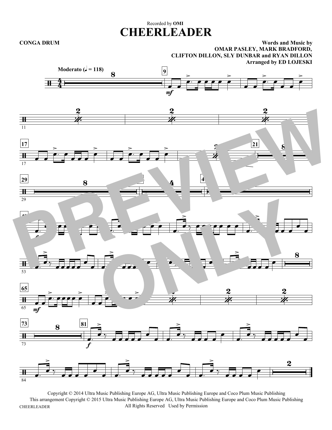 Preview Ed Lojeski Cheerleader - Congas Pop sheet music, notes and chords for Choir Instrumental Pak, SKU: 343938 Cheerleader - Congas sheet music